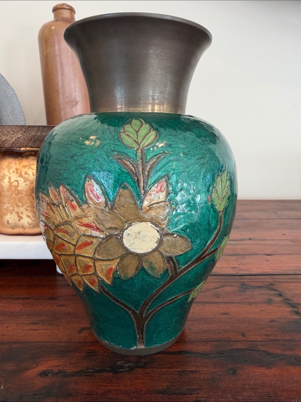 Vintage Green Floral Enameled Brass Vase.